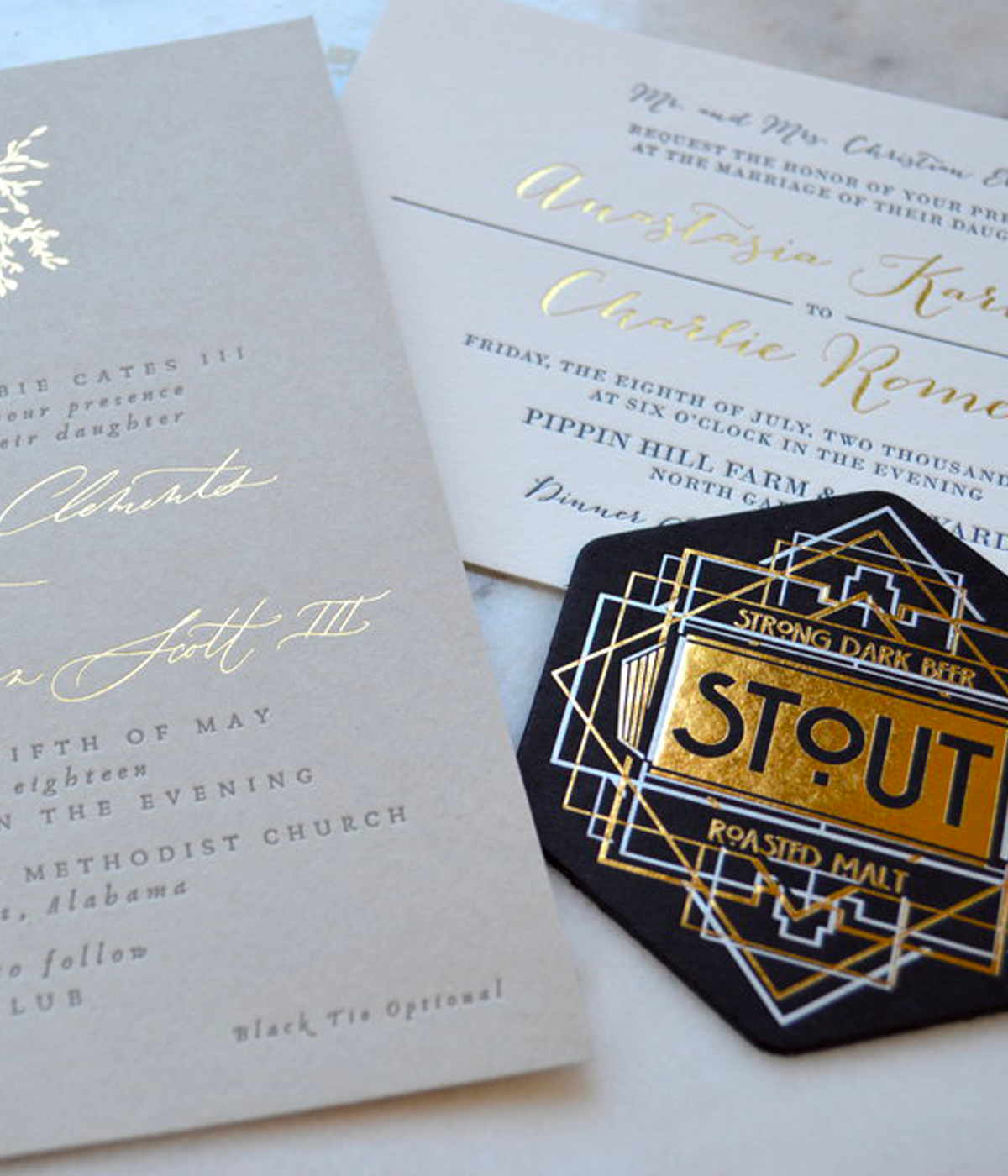 Foil stamped wedding invitation, RSVP card, coaster
