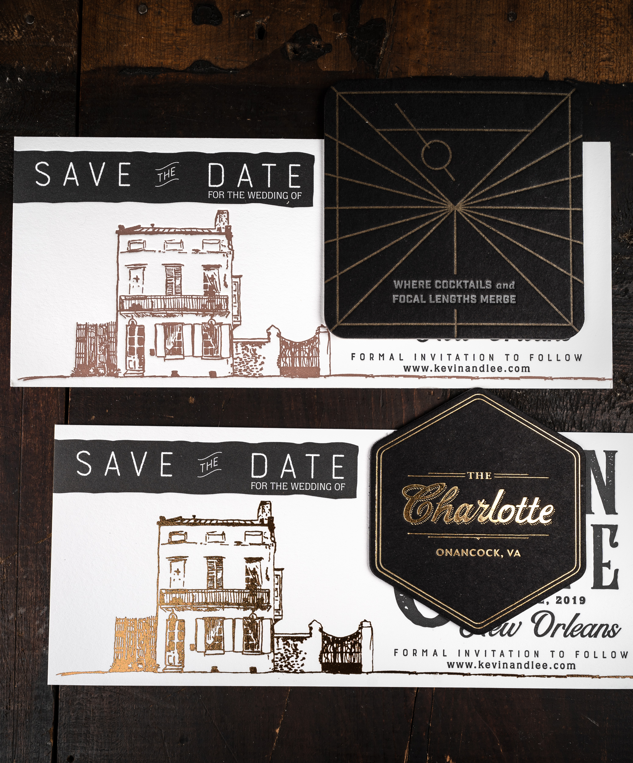 A save the date and coaster shown printed in metallic and printed with metallic foil.