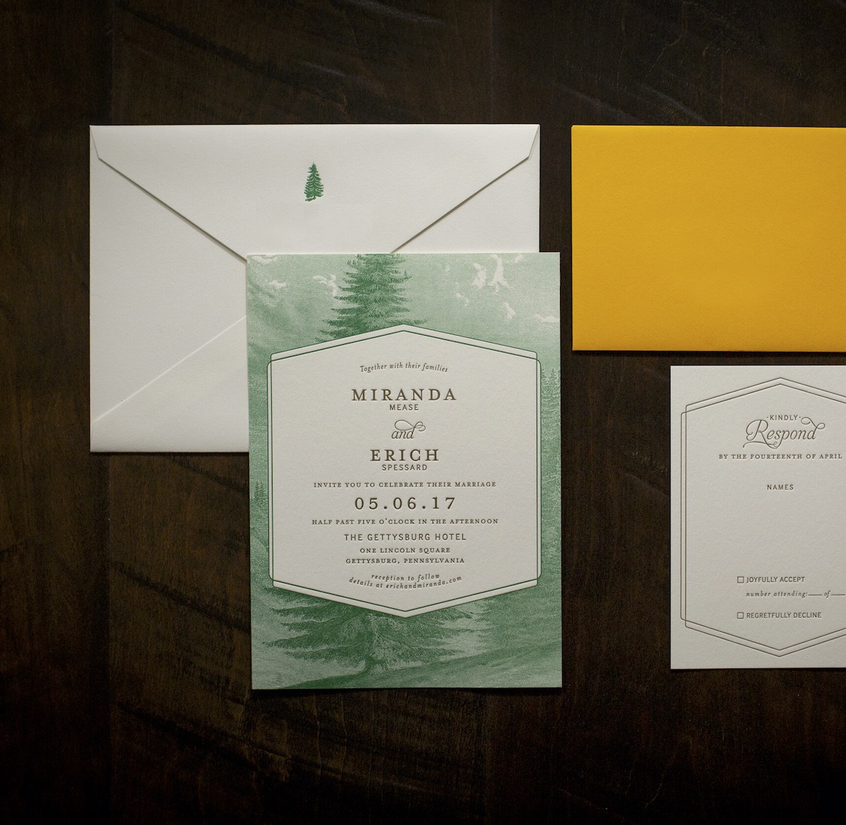 A letterpress printed wedding invitation suite.